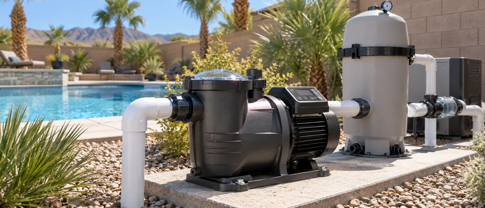 A variable-speed pool pump with keypad beside a filter and connected plumbing.