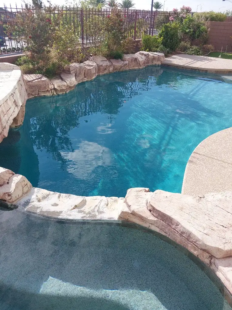 Pool or spa tile and waterline condition before tile bead blast.