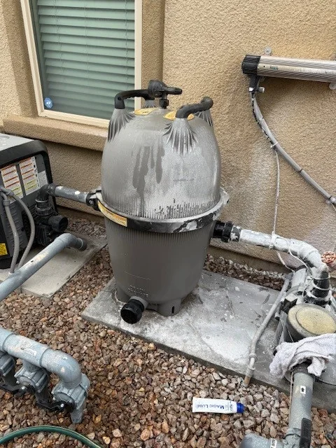 Pool filter parts, tank or cartridge elements during service.