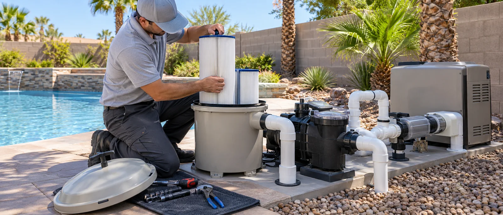 Technician lifting a filter cartridge beside connected pool equipment.