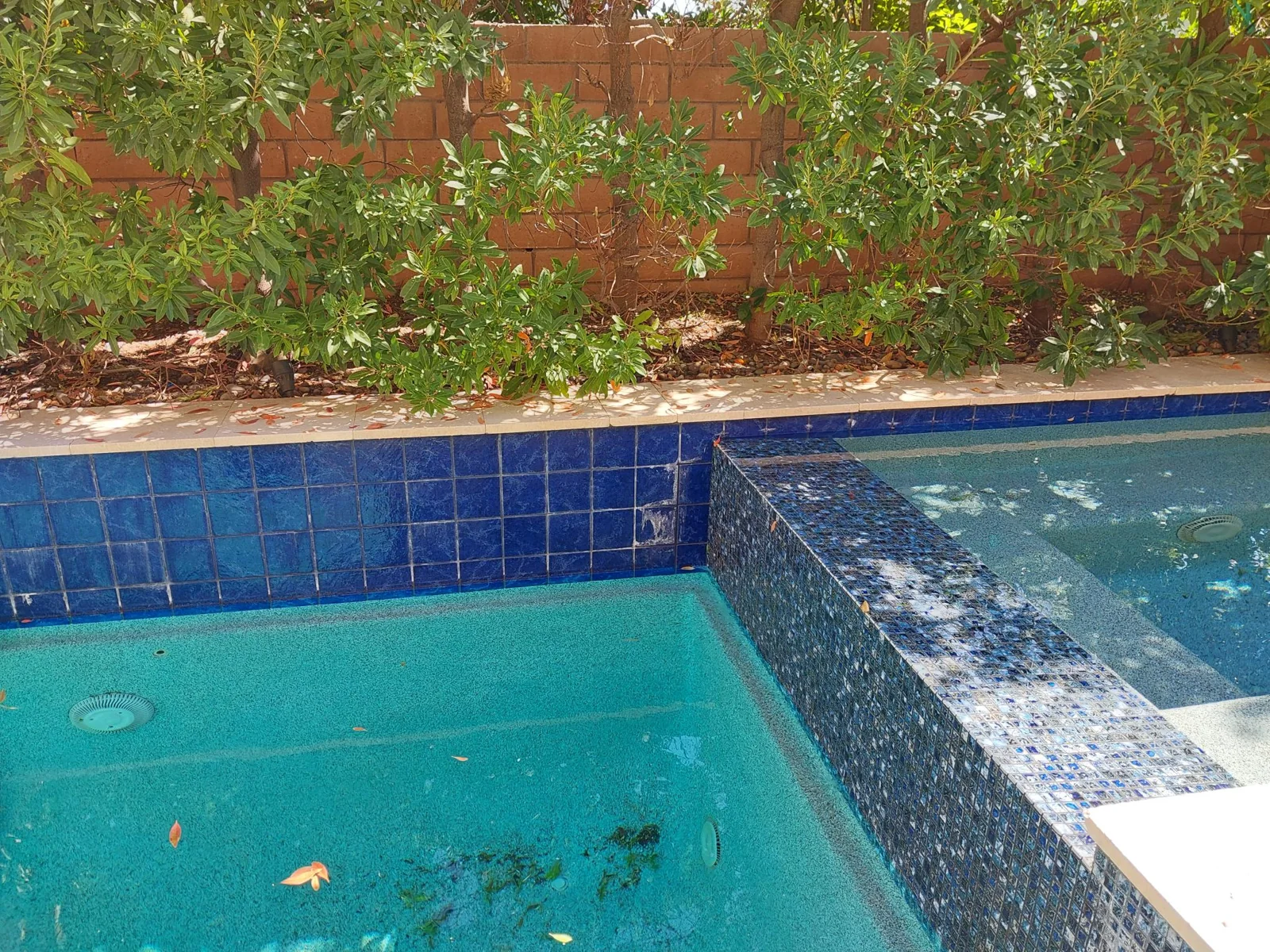 Scale buildup along blue tile at a raised spa before cleaning.