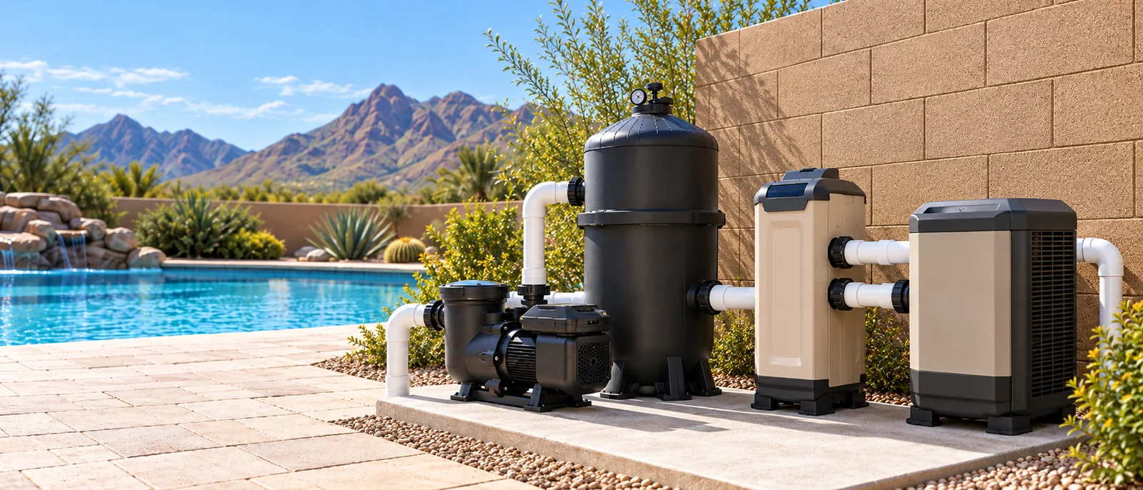 Pool equipment pad with a pump, filter, heater and connecting pipes.
