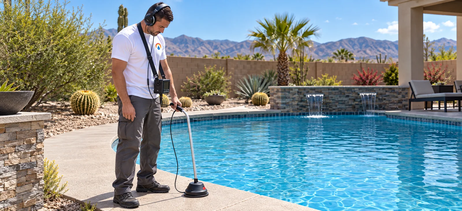 Technician using listening equipment beside a pool.