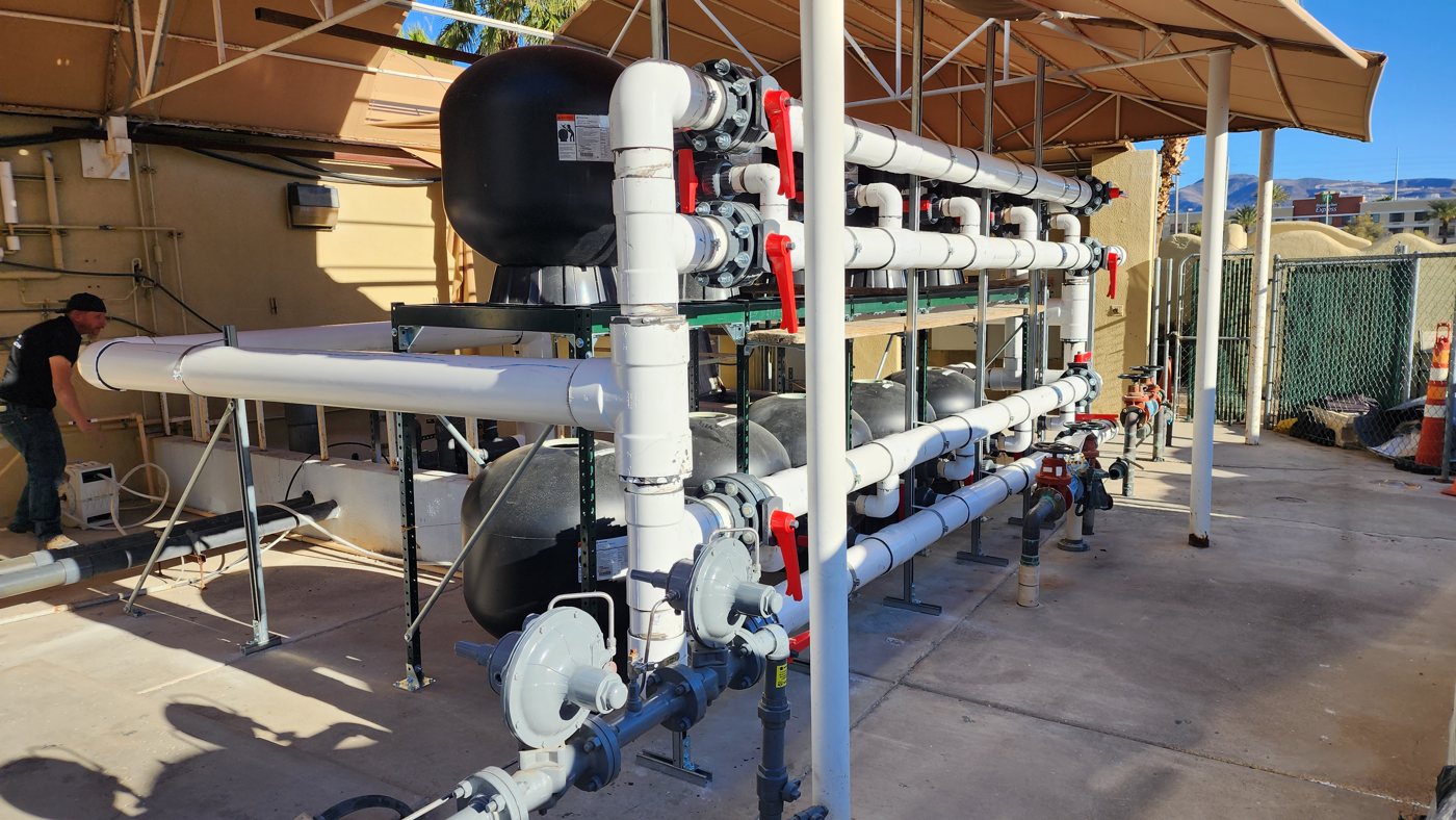 Commercial filter bank and plumbing