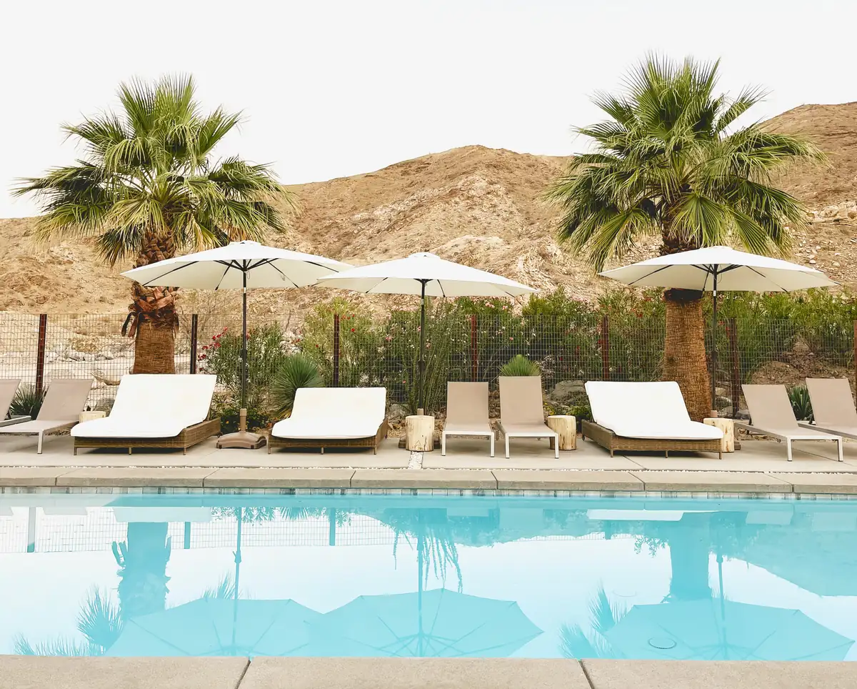 Clear outdoor swimming pool with palms and a desert landscape.