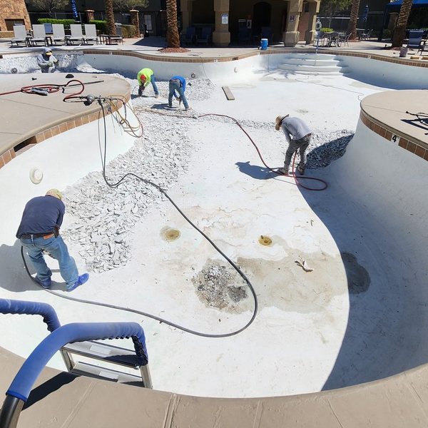 Commercial pool replaster in progress by Fresh & Clear Pool Service