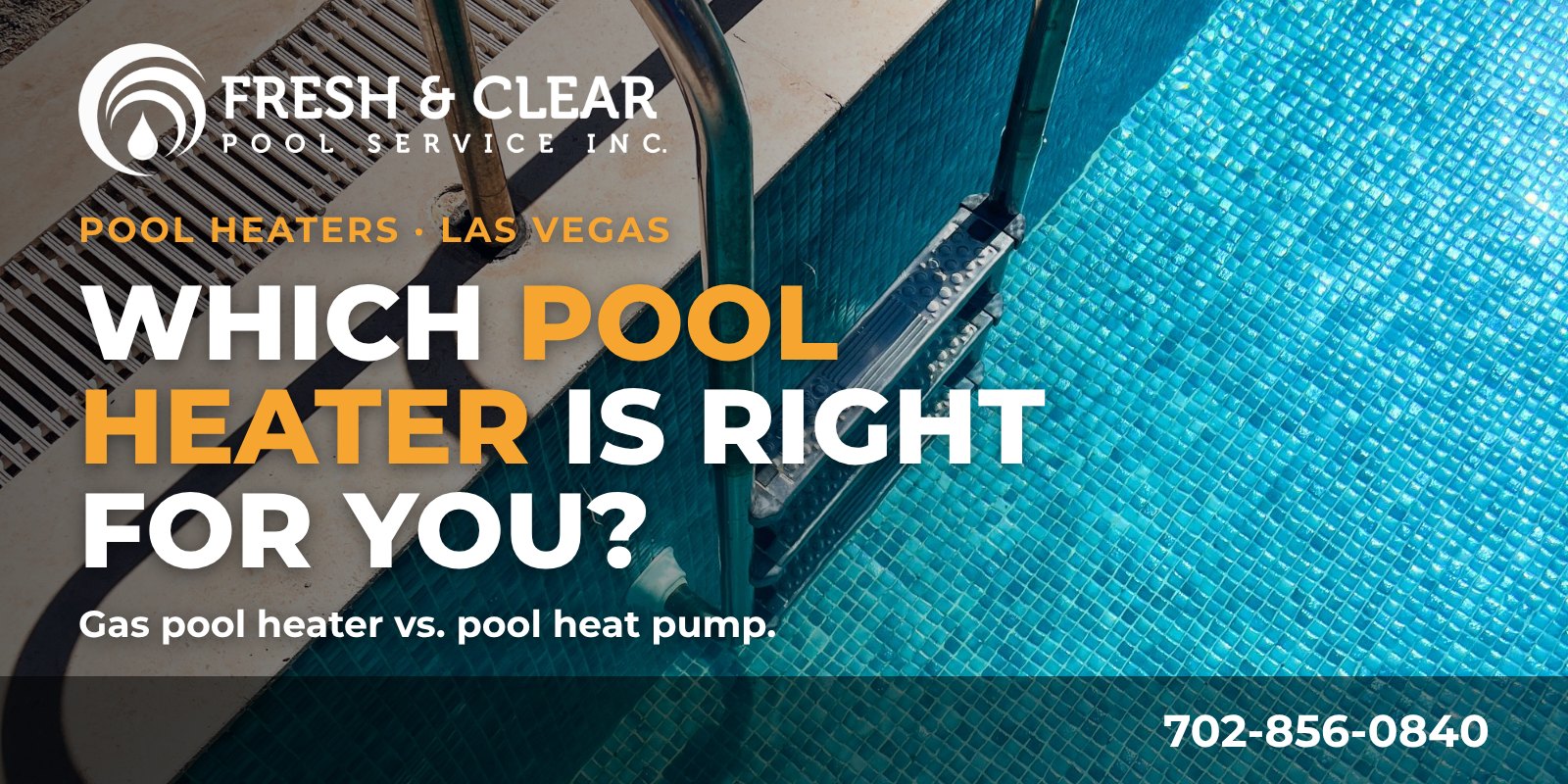 Sunlit pool ladder and blue tile, illustrating choosing a pool heater in Las Vegas