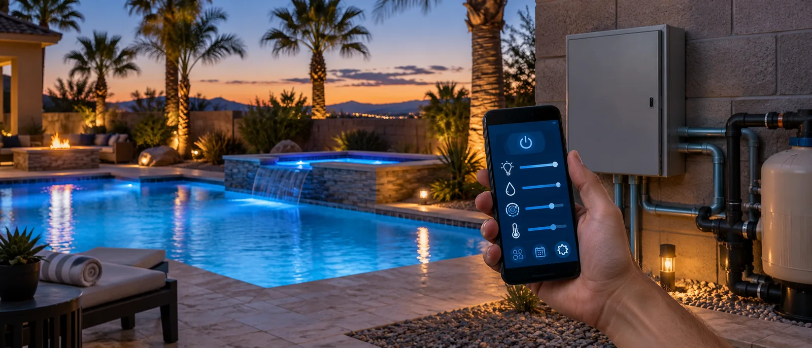 Illustration of a phone and pool automation panel beside a lit pool at dusk.