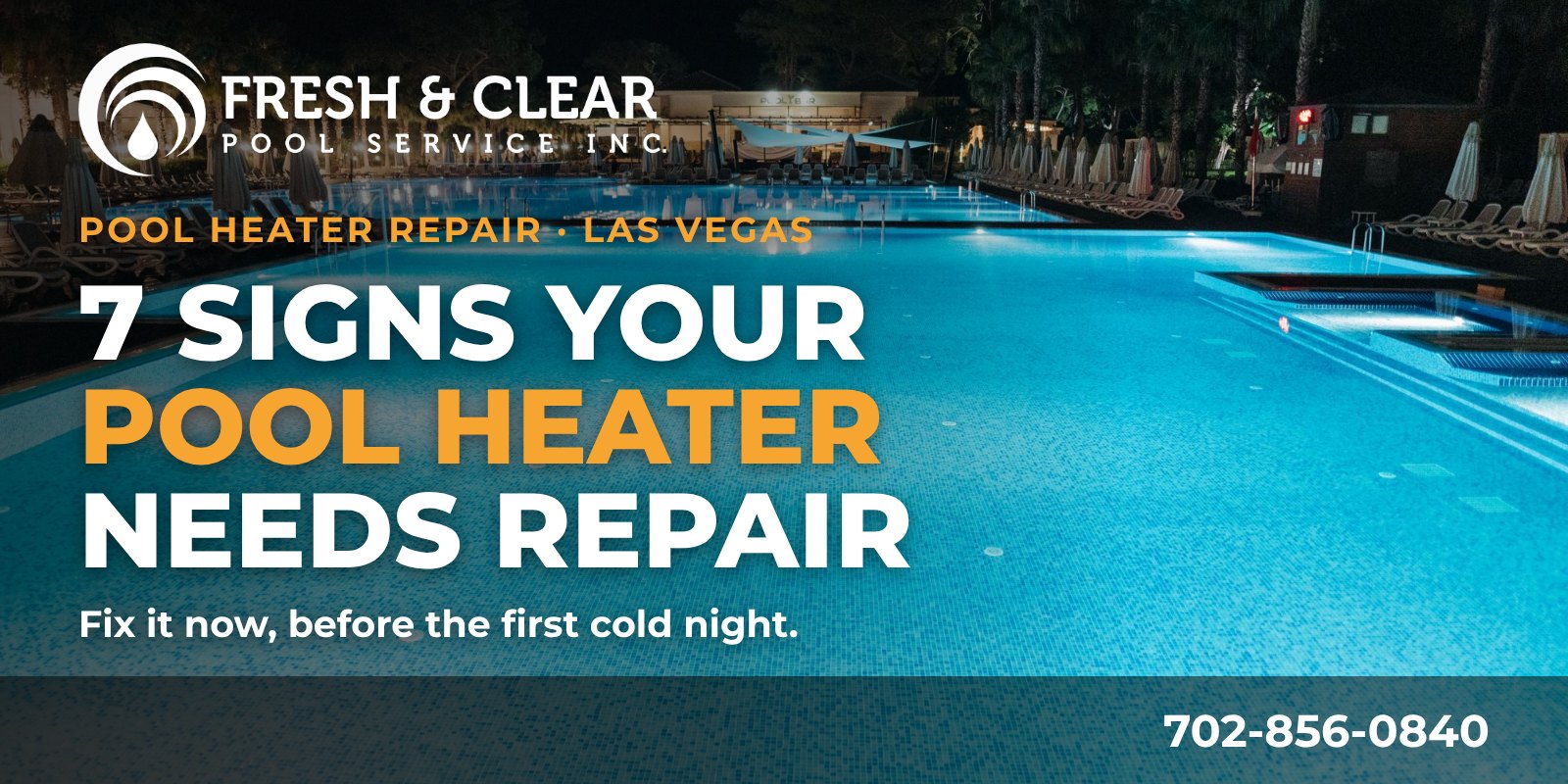 Swimming pool lit up at night, illustrating pool heater repair season in Las Vegas, Nevada